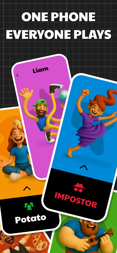 Multiple colorful character cards and roles from the Fakeit party game