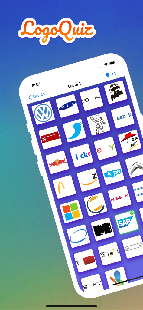 Logo Quiz - Guess This Brand! - Mobile game screen showing a grid of popular brand logos for a trivia quiz