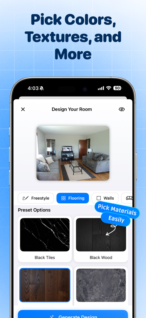 Tela do aplicativo AI Room Planner mostrando opções para escolher materiais de piso como ladrilhos pretos e madeira para o design de uma sala de estar