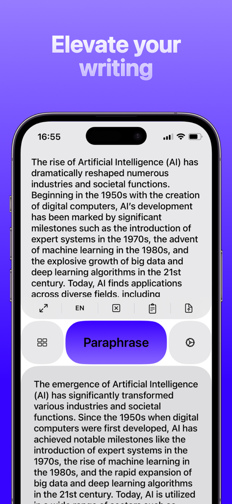 Rewordアプリのモバイル画面。元のテキストと書き換えられた結果が表示され、AIによる言い換えプロセスを示しています。