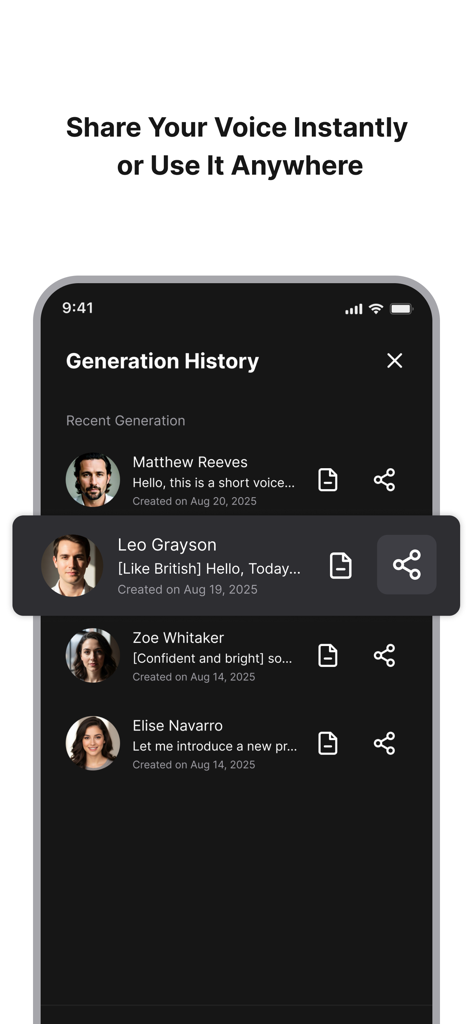 Genny TTS app screen showing a list of generated AI voices in the history and sharing options