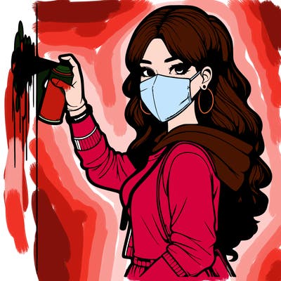 realistic girl with mask spray painting a wall
