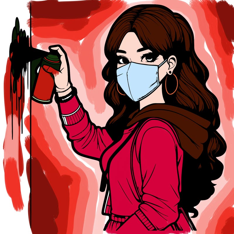 realistic girl with mask spray painting a wall