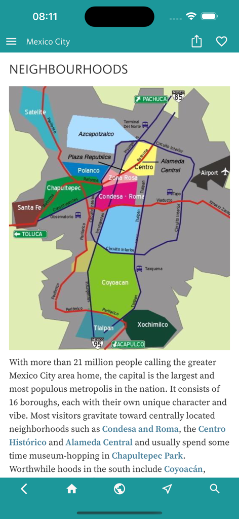 Mexico City’s Best: Trip Guide - Colorful map of Mexico City neighborhoods in the trip guide app.