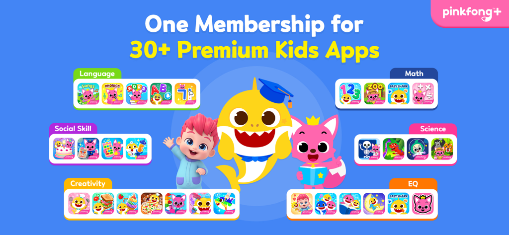 Pinkfong Mother Goose - Promotional banner for Pinkfong Plus showing categories of over thirty premium educational kids apps including language math and science