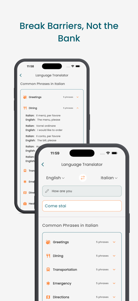 TourAI - AI Travel Planner - TourAI App-Bildschirm mit Sprachübersetzung und gebräuchlichen italienischen Sätzen für Reisende