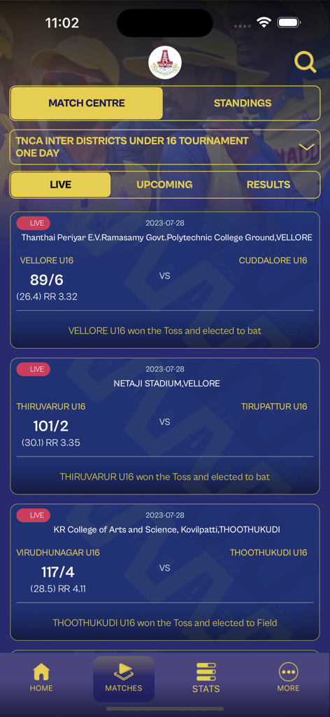 TNCA LIVE app match centre showing live cricket scores for under 16 district tournaments