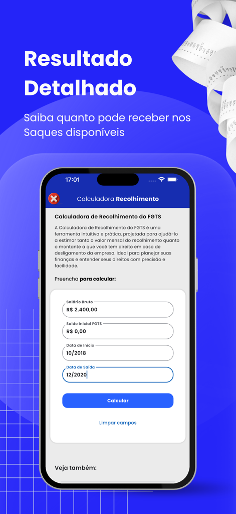 Meu FGTS | Consulta Saque 2026 - Pantalla de aplicación móvil que muestra una calculadora detallada de depósitos de FGTS para beneficios laborales brasileños