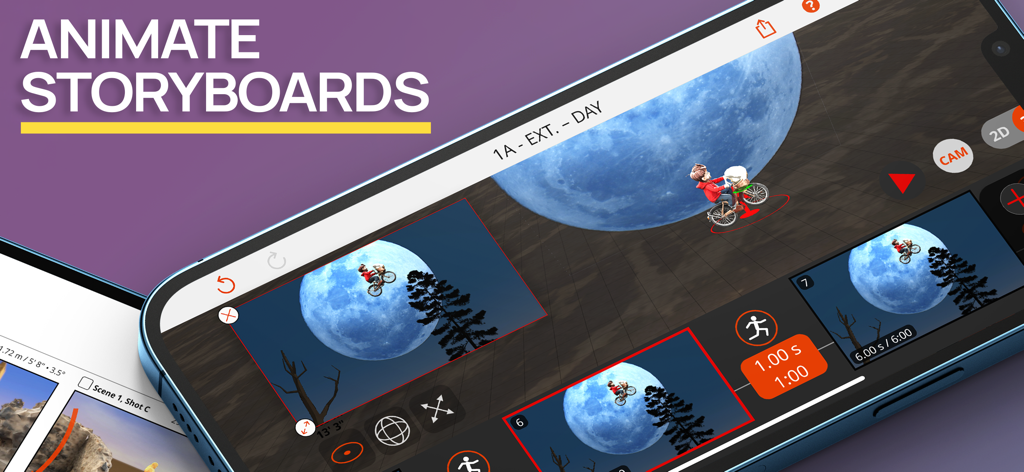 Previs Pro - Storyboard Fast - Interface of the Previs Pro app showing 3D storyboard animation with a cinematic moon scene