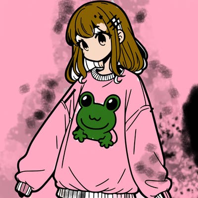 girl wearing frogging sweatshirt