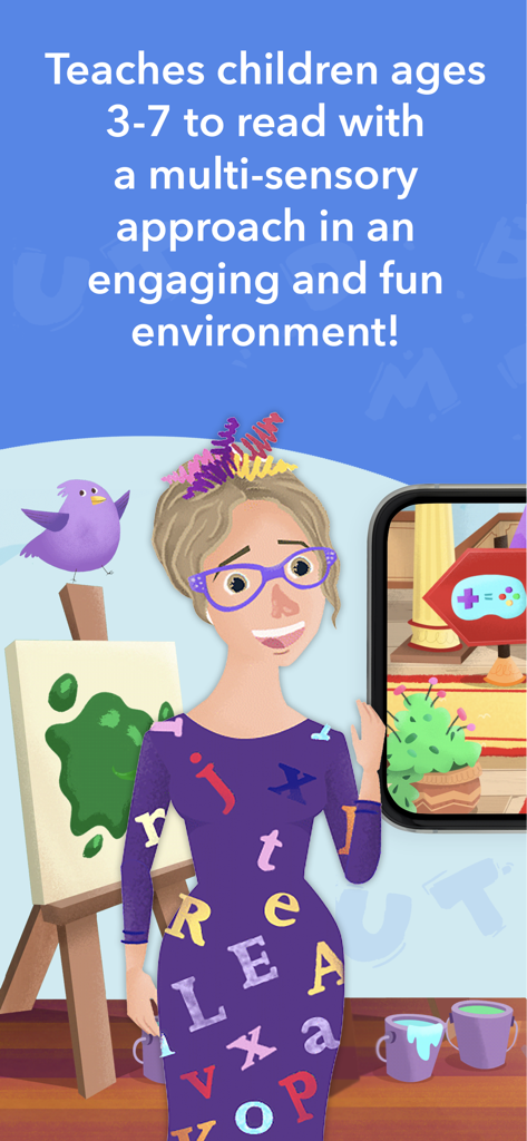 Phonics Museum - Learn to Read - Phonics Museum app screen describing multi sensory reading approach for kids