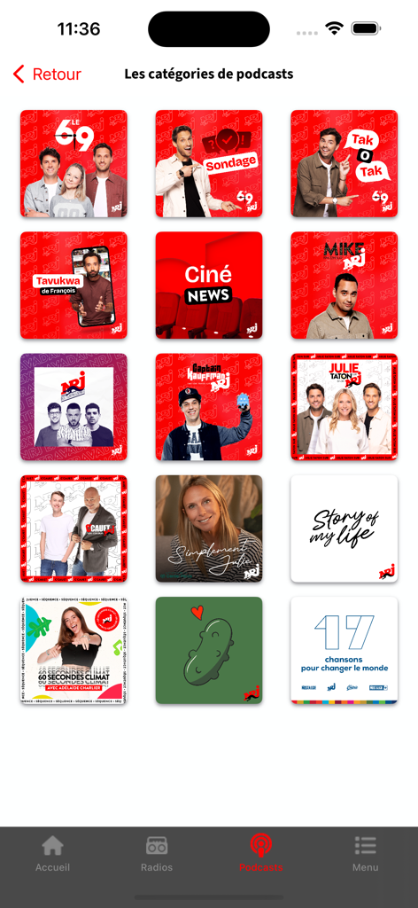 NRJ Belgique - NRJベルギーモバイルアプリで利用可能な様々なポッドキャストカテゴリーのサムネイルのグリッド。