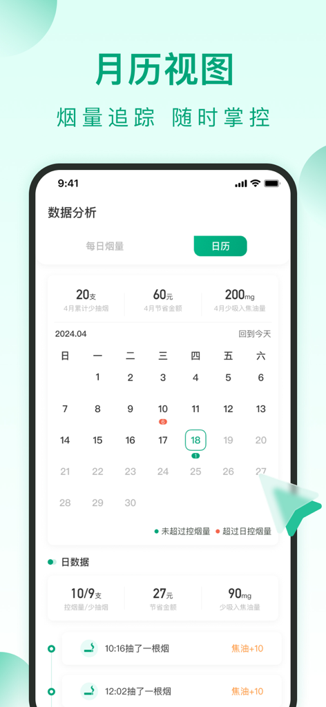 戒烟了-今日不吸烟 - Uma interface de smartphone exibindo um calendário mensal para rastrear o consumo de cigarros e métricas de saúde como a redução de nicotina.