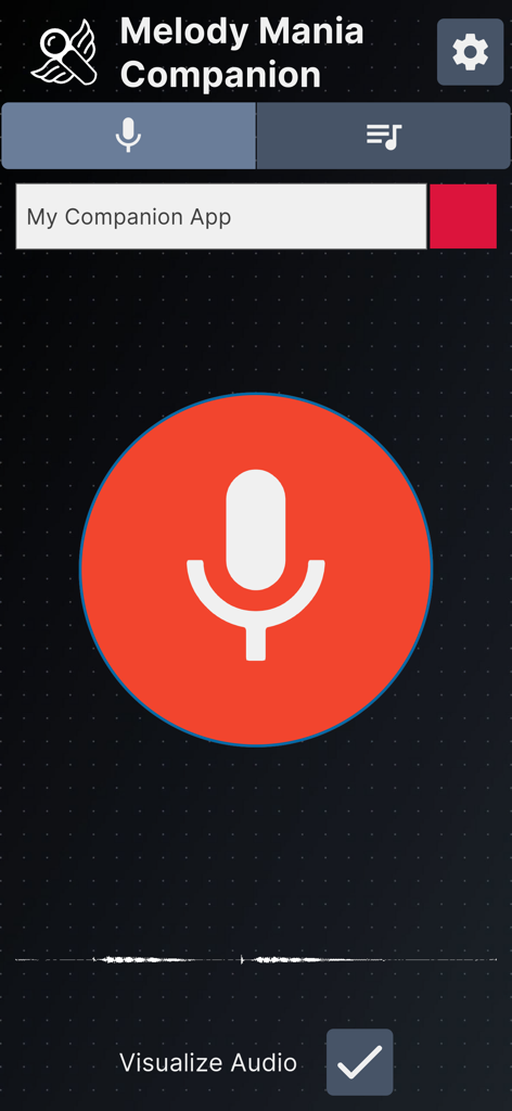 Interface of the Melody Mania Companion app featuring a large red microphone button and audio visualization.