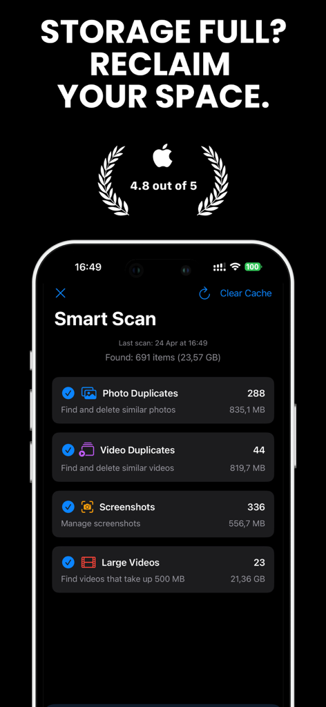 WashKit: Phone Storage Cleaner - Interfaz de la aplicación WashKit, limpiador de almacenamiento del teléfono, que muestra fotos duplicadas y videos grandes para recuperar espacio de almacenamiento