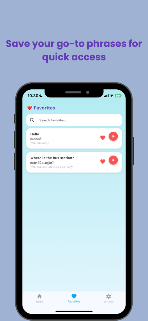 Lao Phrasebook - Lao Phrasebook app interface showing a list of favorite phrases with translations and audio playback.