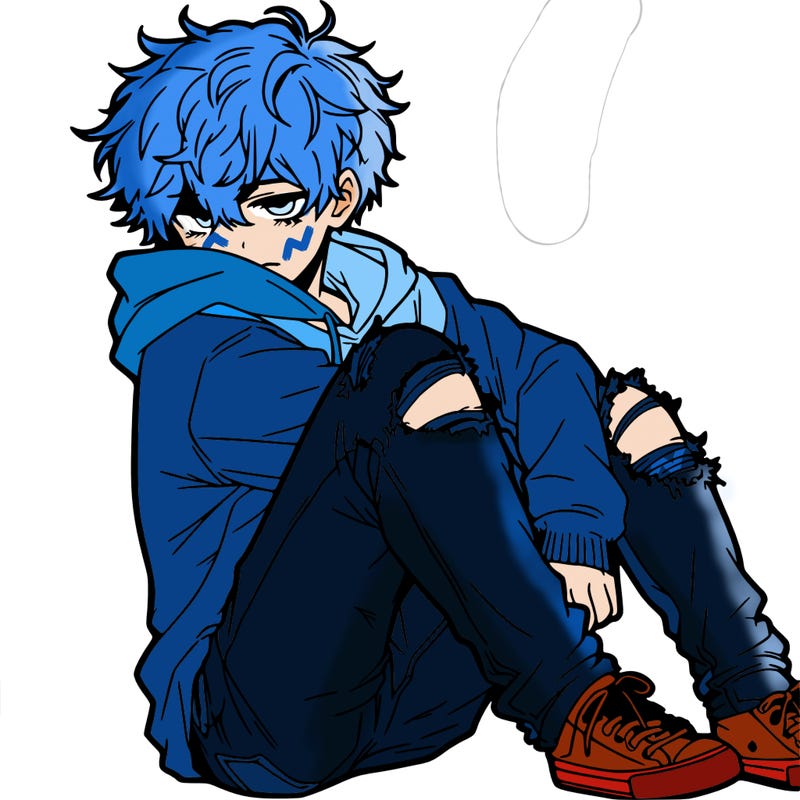 a male hoddie ripped jeans messy hair anime