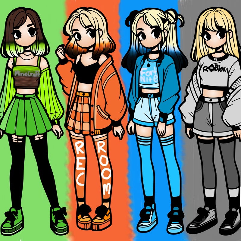 one girl with crop-top shirt and a jacket with a skirt, long socks and another girl with a shirt and pants with a jacket