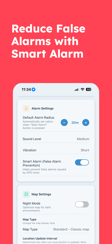Safety Anchor Alarm - Safety Anchor Alarm app interface showing settings for smart alarm radius sound level and map configuration