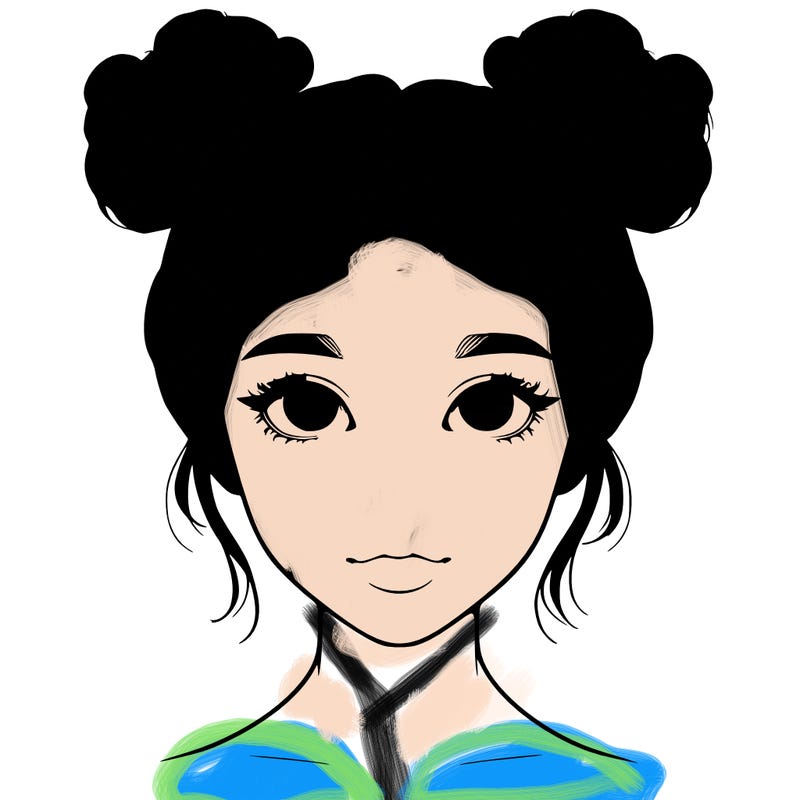 realistic girl with two buns on top of her head