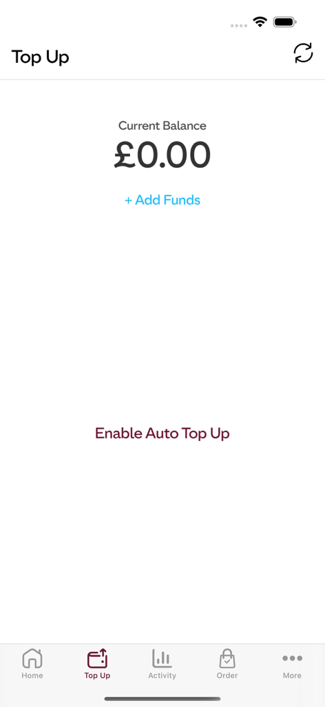 Costa Coffee Gibraltar - コスタコーヒー ジブラルタルアプリのウォレットチャージ画面。現在の残高と入金オプションが表示されています