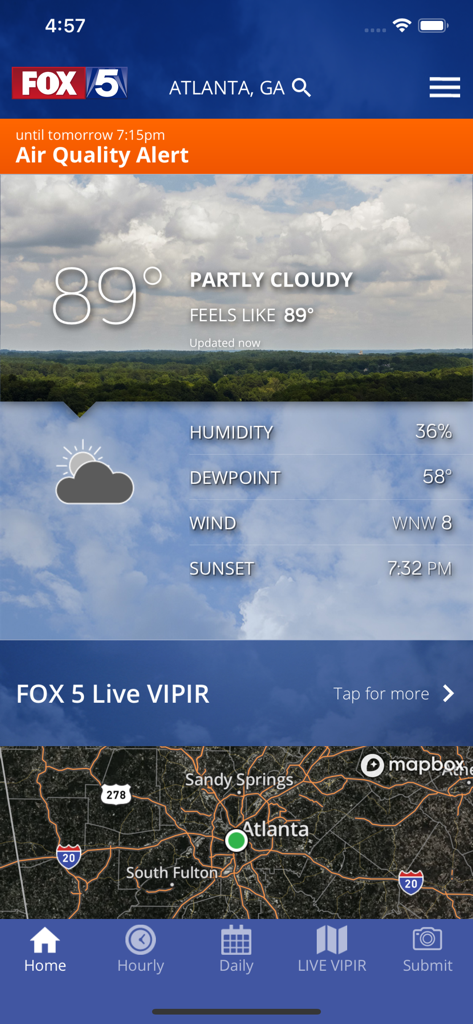 FOX 5 Atlanta weather app home screen showing current temperature of 89 degrees, weather details, and a live radar map for the Atlanta area.