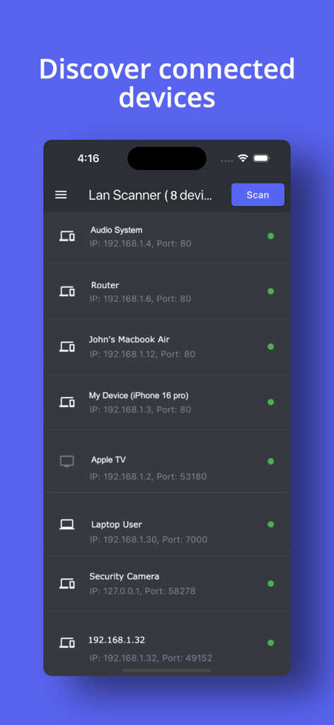 IP Scanner app interface showing a list of connected network devices with IP and port details