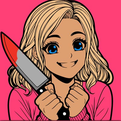 a realistic girl holding a knife and grinning