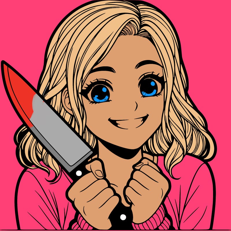 a realistic girl holding a knife and grinning