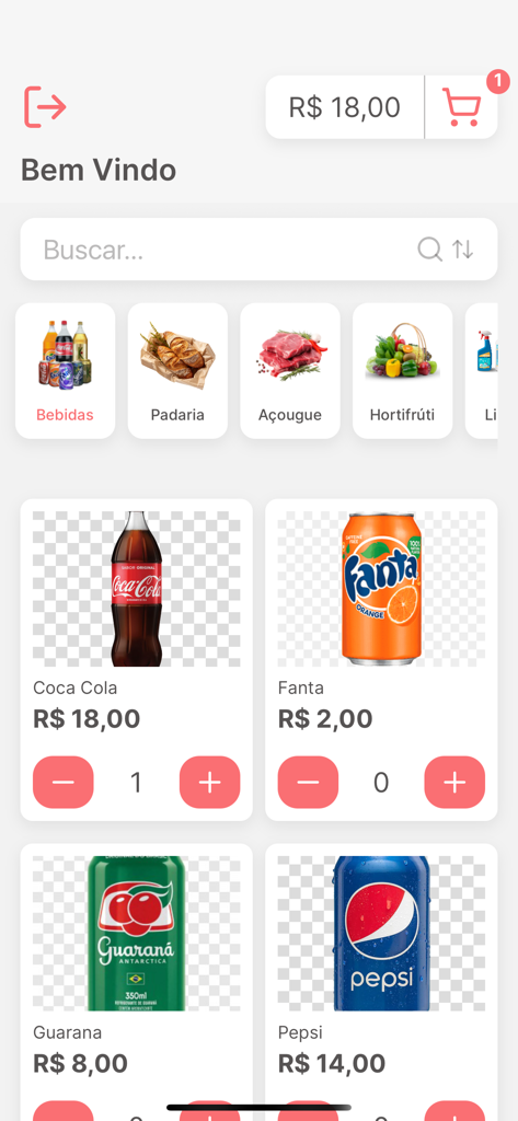 Interface móvel do aplicativo HomeMarket exibindo itens de mercearia locais como refrigerante e ícones de categoria para padaria e açougue