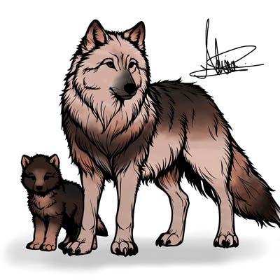 a realistic wolf with a baby wolf