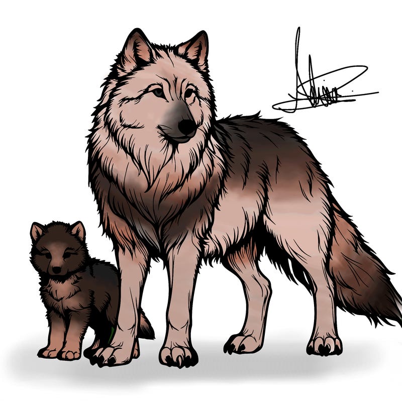 a realistic wolf with a baby wolf