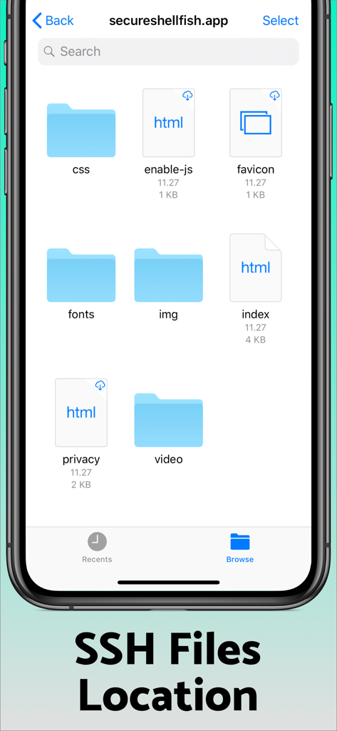 SSH Client - Secure ShellFish - Secure ShellFish mobile app interface showing remote SSH server files and folders