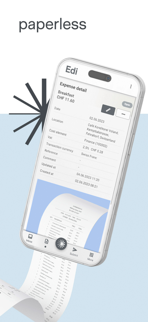 Edi Expenseモバイルアプリインターフェースが、ペーパーレスレシート管理用