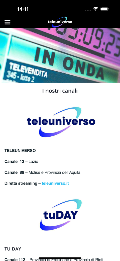 Teleuniverso - Schermata dell'app Teleuniverso che mostra l'elenco dei canali TV regionali e le opzioni di streaming per il Lazio e il Molise.