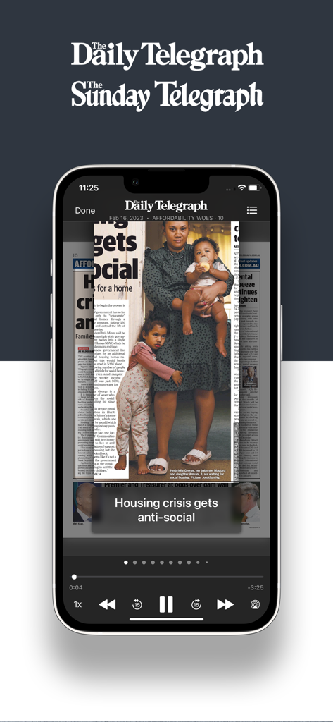 The Telegraph e-paper - The Telegraph e-paper app interface on a smartphone featuring an article with audio playback controls at the bottom