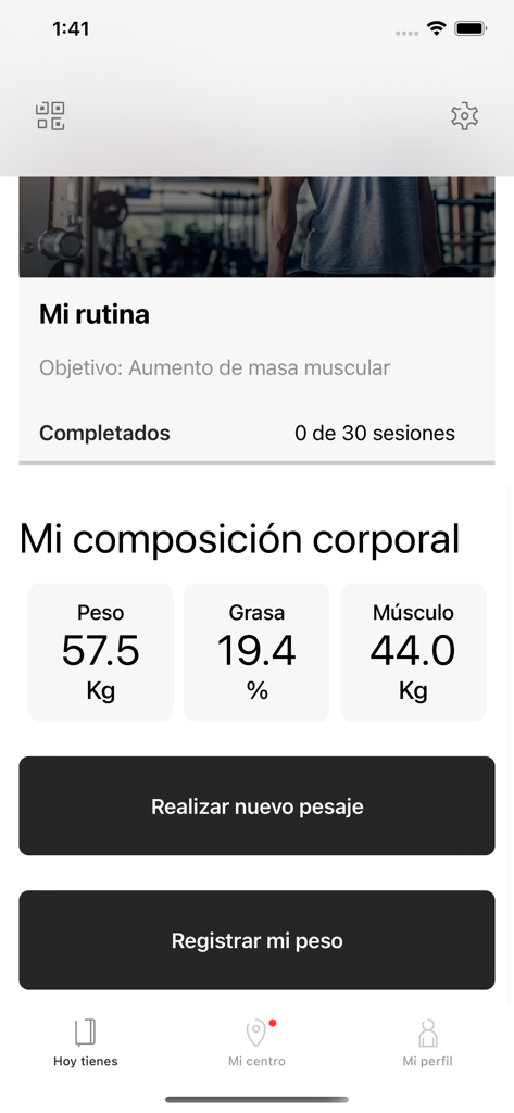 Interface do aplicativo VIAAQUA mostrando a rotina de treino e métricas de composição corporal como peso, gordura e músculos
