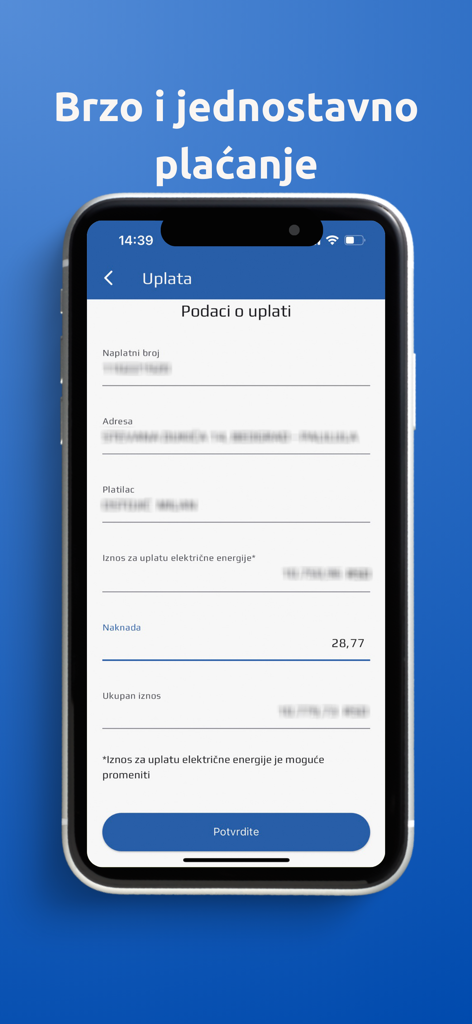 EPS Uvid u račun - Interface of the EPS Uvid u račun app showing electricity bill payment details and a confirm button.