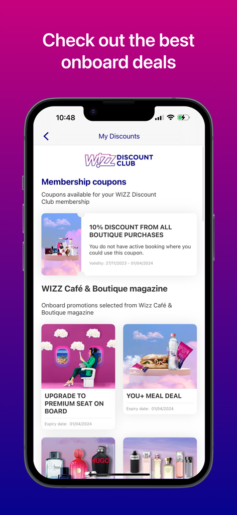 Pantalla de la app de Wizz Air que muestra cupones de membresía del WIZZ Discount Club y ofertas de viajes a bordo.