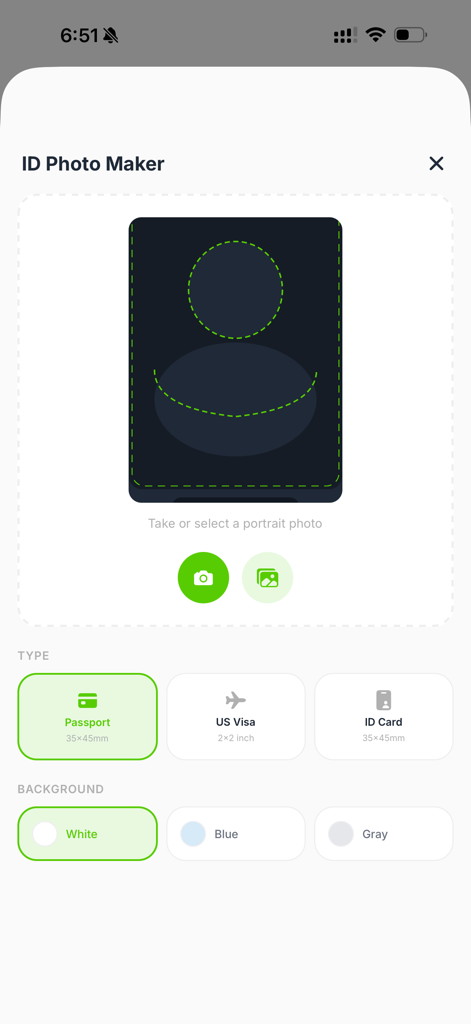 MyIDs app interface for creating passport and visa photos with background selection