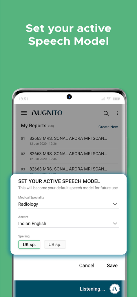 Settings screen in Augnito app for choosing medical specialty accent and spelling for speech recognition