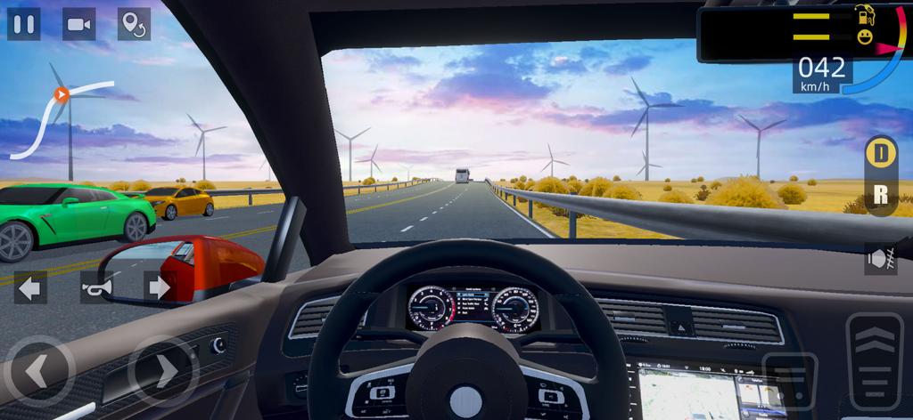 Best Driving - Road Trip Sim - A realistic 3D cockpit view of a car driving on an open highway with wind turbines in the background