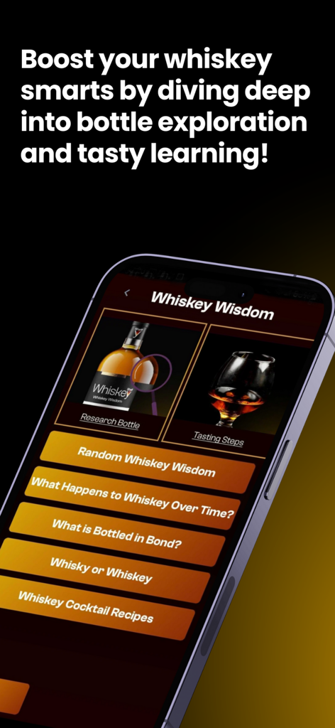 Interface of the Whiskey Shelf app showing the Whiskey Wisdom educational section