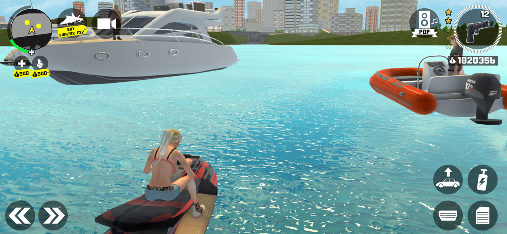A female character riding a jet ski in the water near a yacht in Grand Heist Online 2