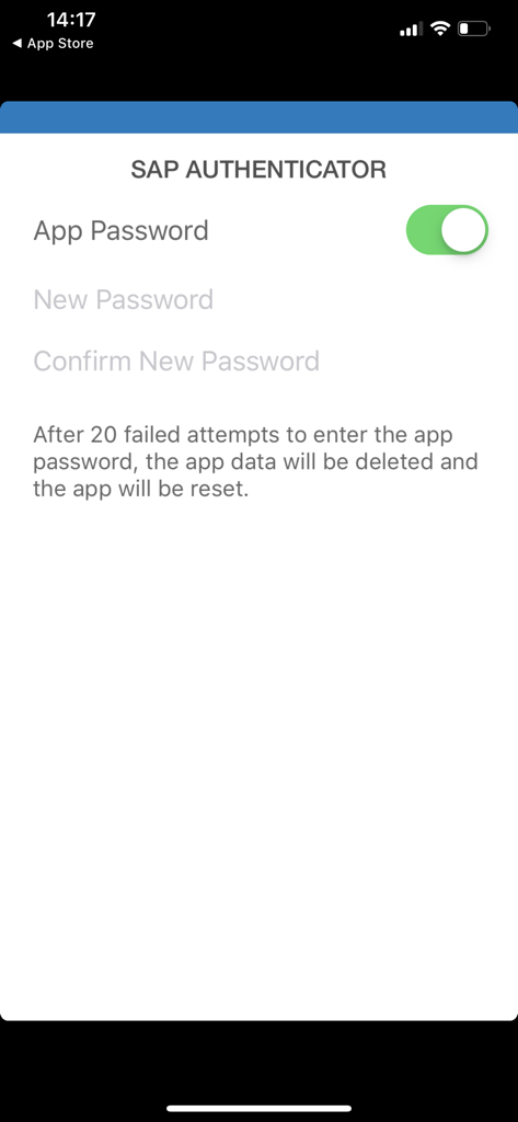 Screenshot showing the App Password setup and security settings in SAP Authenticator