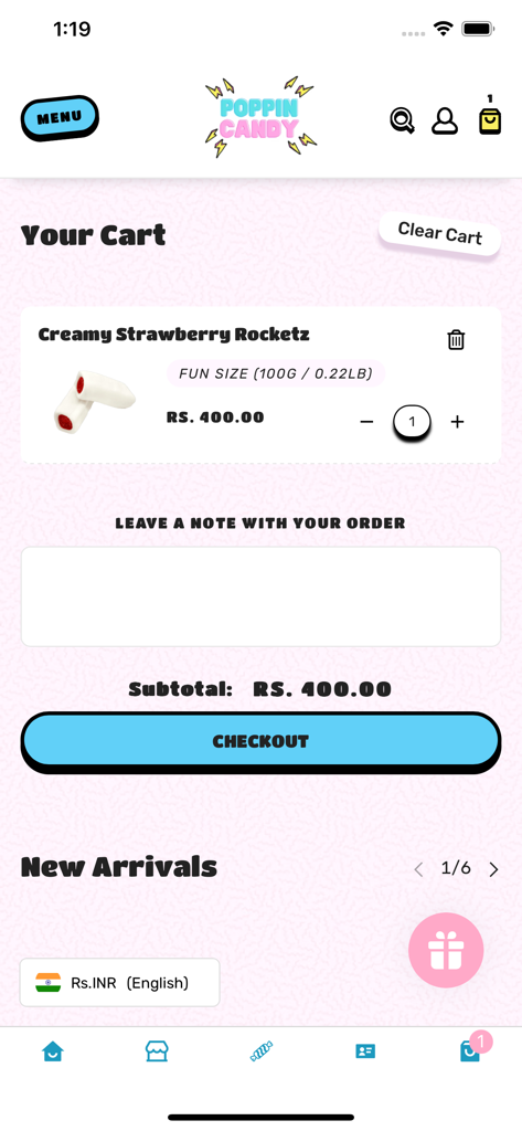 Pantalla del carrito de compras de la app Poppin Candy mostrando artículos de dulces y un botón de pago