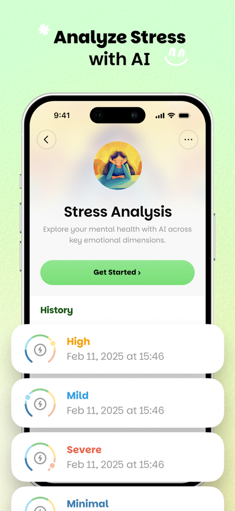 Wellify - Simplify Wellness - Wellifyアプリの画面。AIストレス分析機能と過去のストレスレベルの追跡を表示。