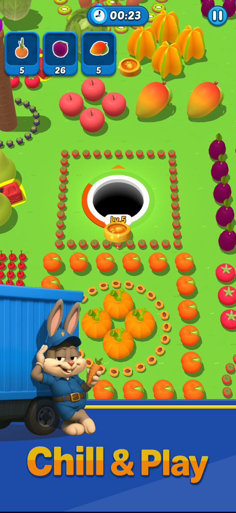 Hole Express: Black Hole Game - Hole Express gameplay showing a black hole collecting fruit and a cute bunny character
