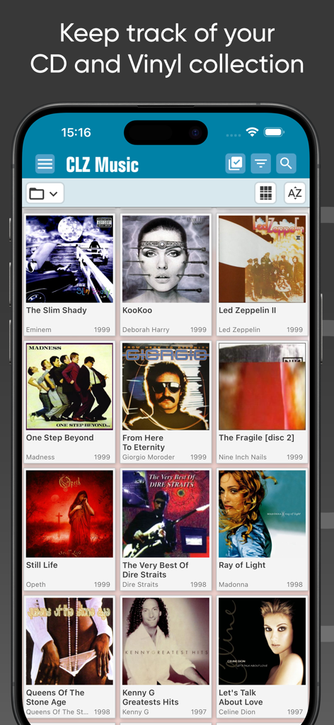 CLZ Music CD / Vinyl database - A mobile interface for CLZ Music app displaying a grid of album cover art for CD and vinyl record organization