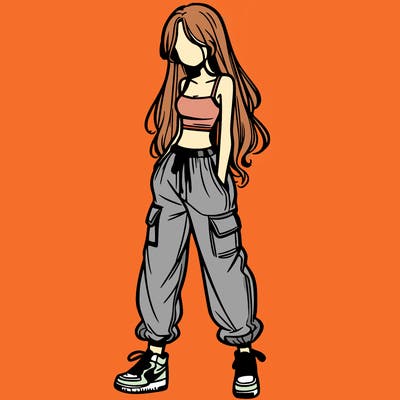 girl in baggy pants crop top and long hair